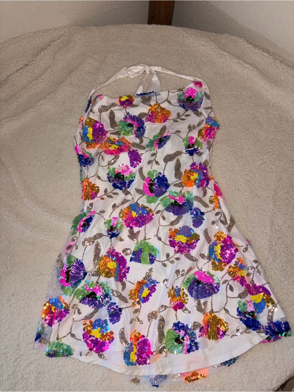 Girls' White Halter Dress with Multicolor Sequin Floral Design